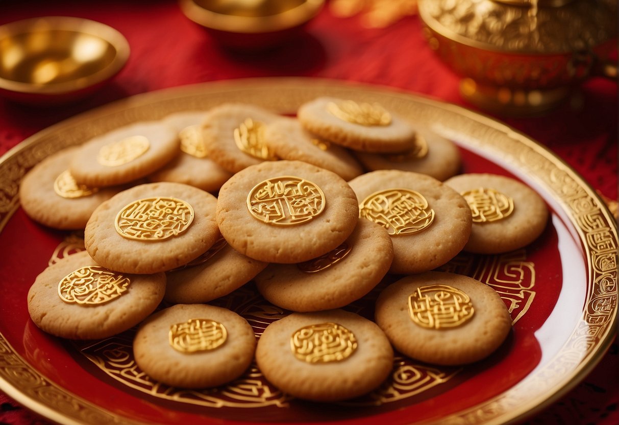 Golden almond cookies arranged on a red and gold patterned plate, surrounded by decorative Chinese symbols for prosperity and good fortune