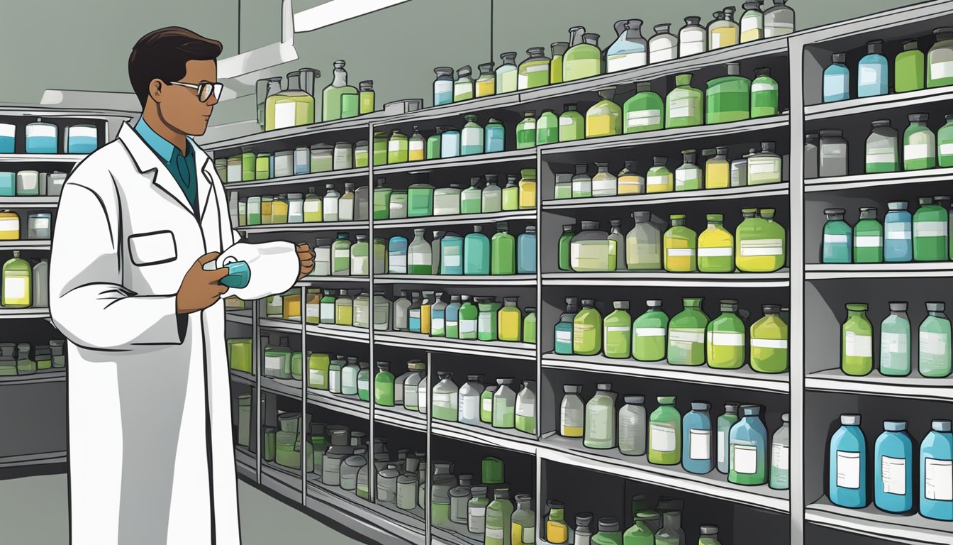 A laboratory setting with shelves of chemical containers and a person in a lab coat holding a bottle labeled "Hydrochloric Acid."