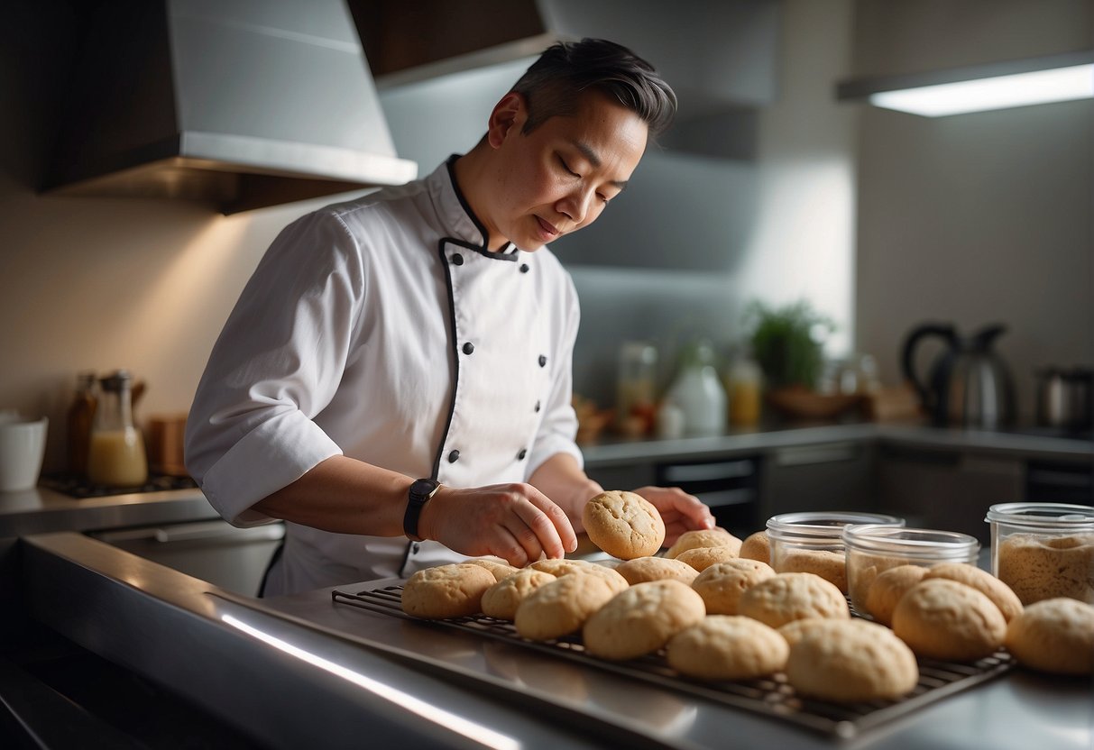 A chef carefully selects and measures ingredients for a Chinese cookie recipe, including gluten-free flour and dairy-free substitutes. Ingredients are neatly arranged on a clean, organized kitchen counter