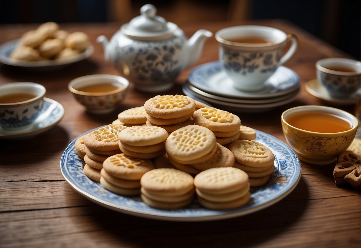 A table set with a variety of Chinese cookies and tea, with decorative plates and cups. A small card suggests pairings with different types of tea