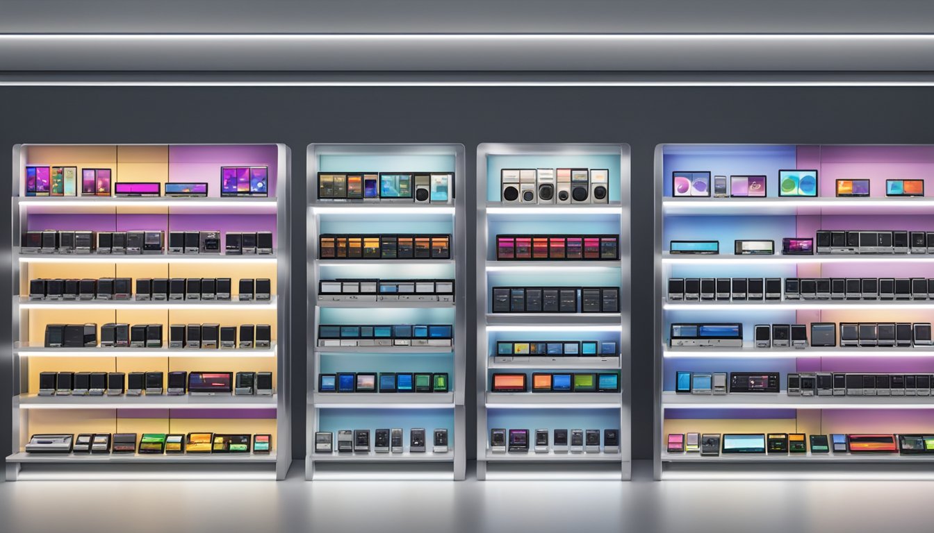 An electronics store in Singapore displays rows of iPod Classics, with various colors and storage capacities, on sleek shelves under bright lights