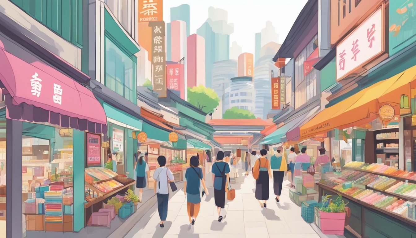 A bustling street in Singapore with colorful storefronts selling Japanese cosmetics. A sign reads "Japanese Cosmetics" in bold letters. Pedestrians browse the products