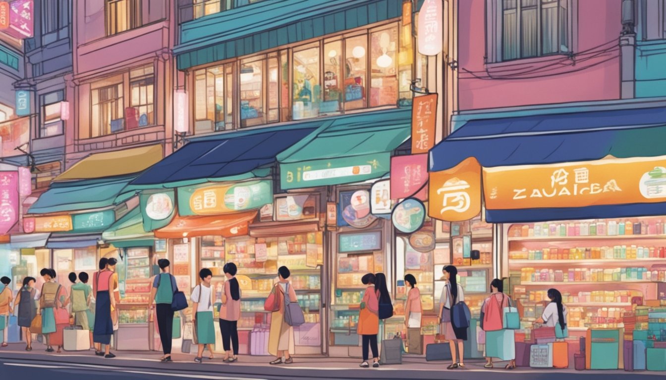 A bustling street in Singapore lined with colorful storefronts displaying Japanese cosmetics and skincare products. Bright lights and vibrant signage draw in shoppers eager to explore the top spots for Japanese beauty products