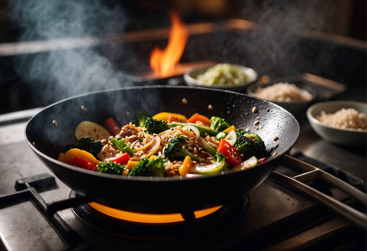 A wok sizzles as vegetables and meat are stir-fried. Ingredients like soy sauce and ginger sit nearby. A recipe book is open to a page titled "Beginner's Guide to Chinese Cooking."