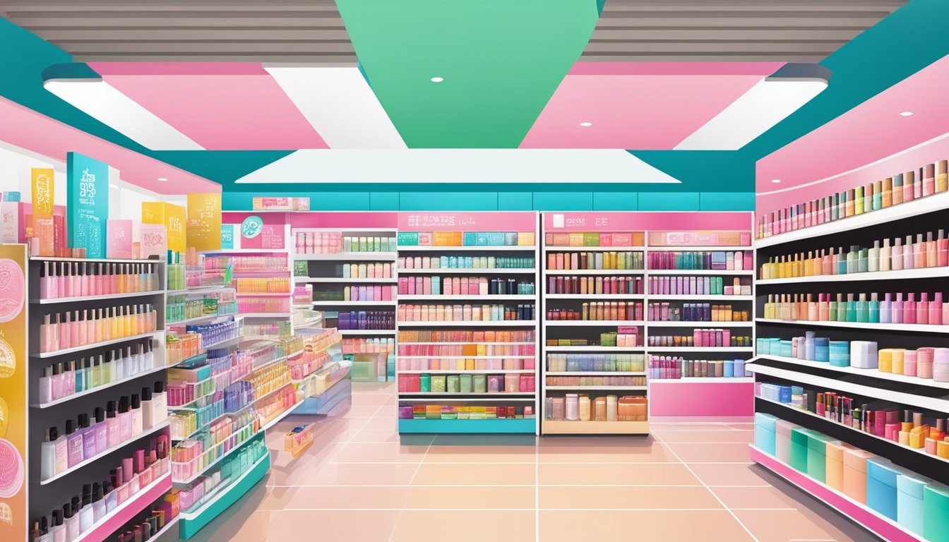 A display of Japanese beauty products in a Singaporean store. Bright, colorful packaging catches the eye, showcasing a variety of skincare and makeup items