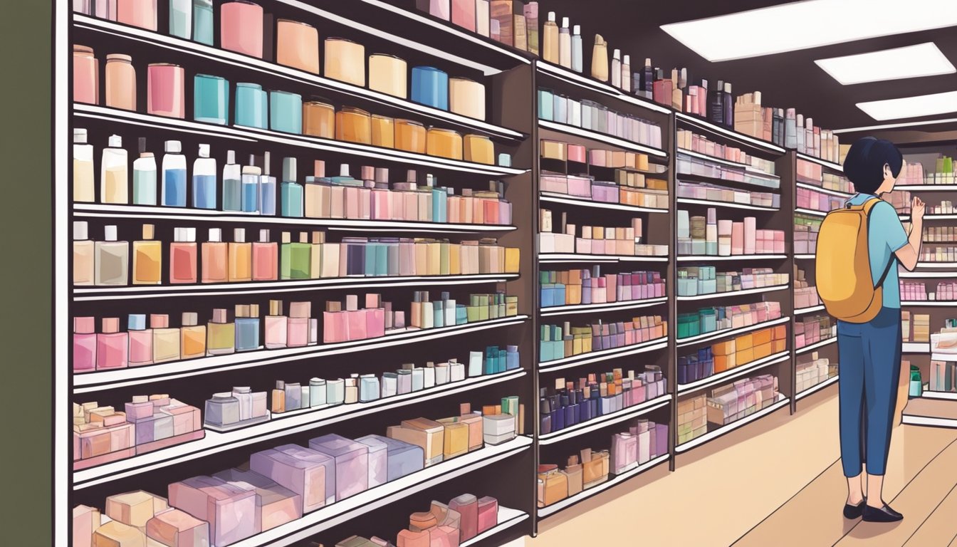 Shelves filled with Japanese cosmetics in a Singaporean store. Customers browsing products, asking staff for assistance