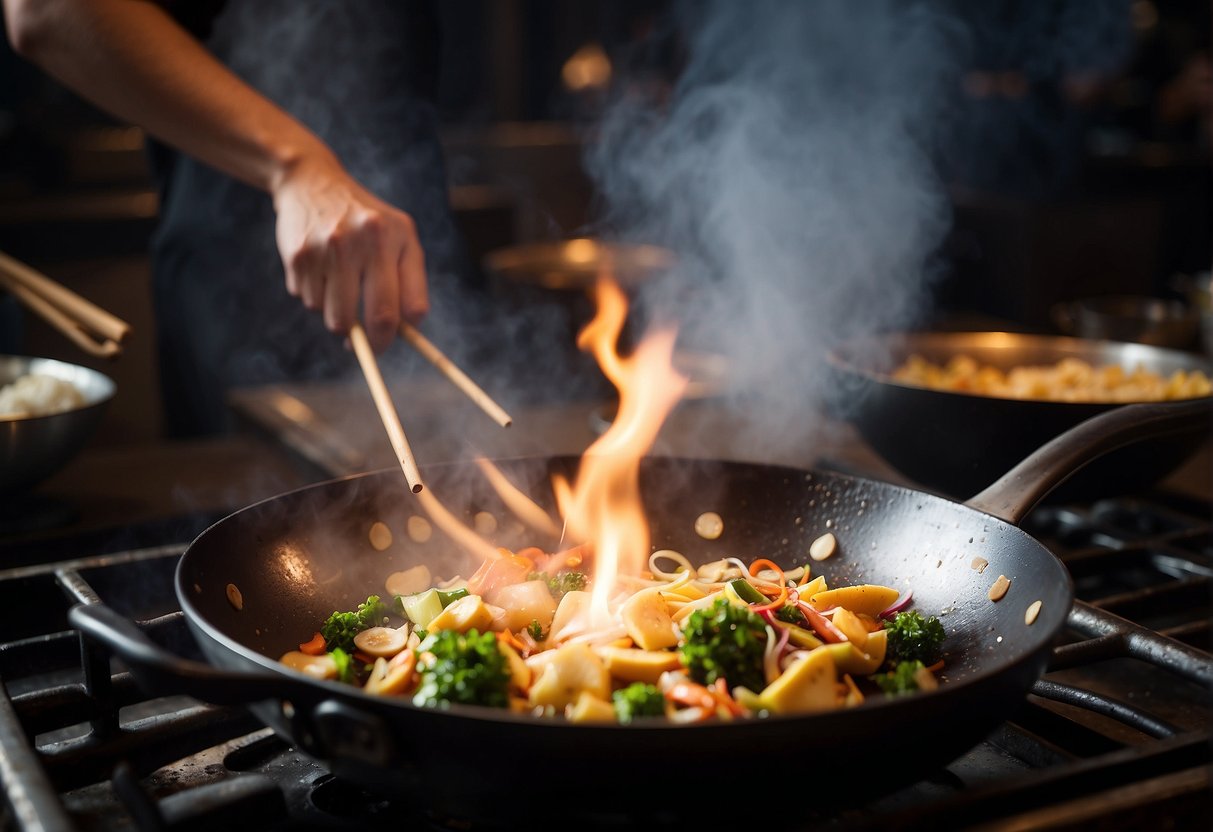 A wok sizzles over a hot flame, as a chef expertly tosses ingredients with a pair of chopsticks. Steam rises from the pan, filling the air with the aroma of garlic and ginger