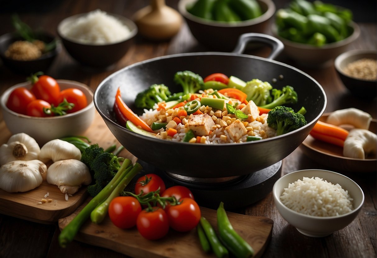 A wok sizzles with fresh vegetables, tofu, and traditional Chinese seasonings like ginger and garlic. A bowl of rice sits nearby, ready to complete the dish
