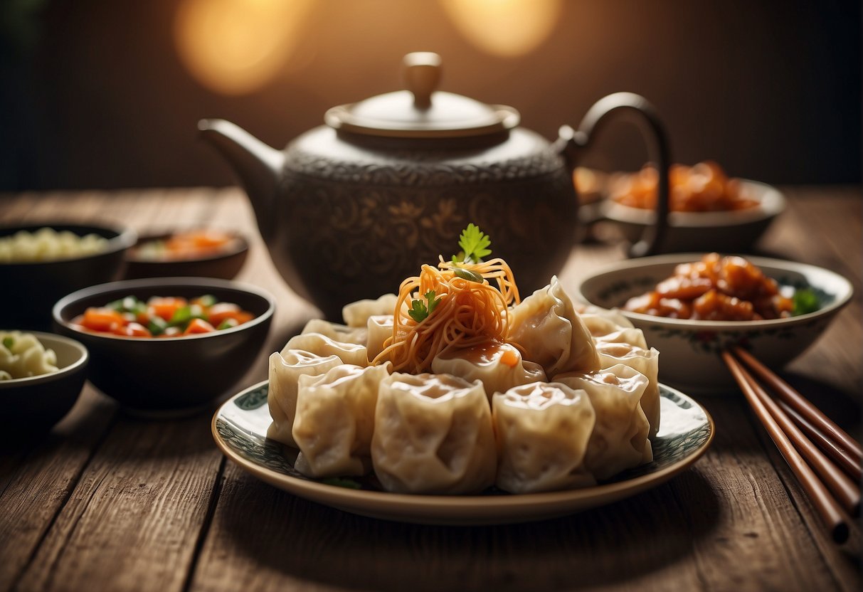 A table set with classic Chinese dishes: steamed dumplings, stir-fried noodles, and sweet and sour chicken. Chopsticks and a teapot complete the scene