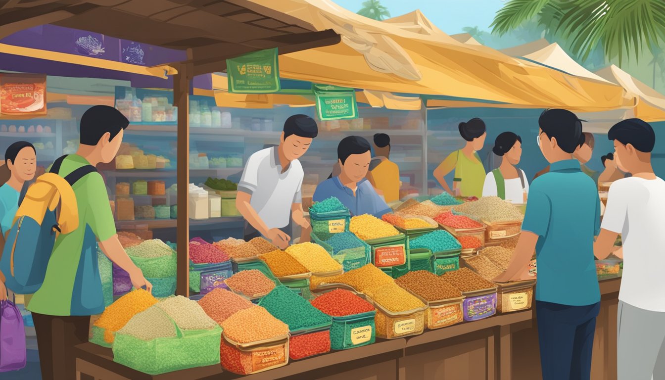 A bustling Singaporean market stall sells kerisik, a traditional grated coconut condiment, displayed in small bags or containers. The vendor showcases the product with vibrant signage and samples