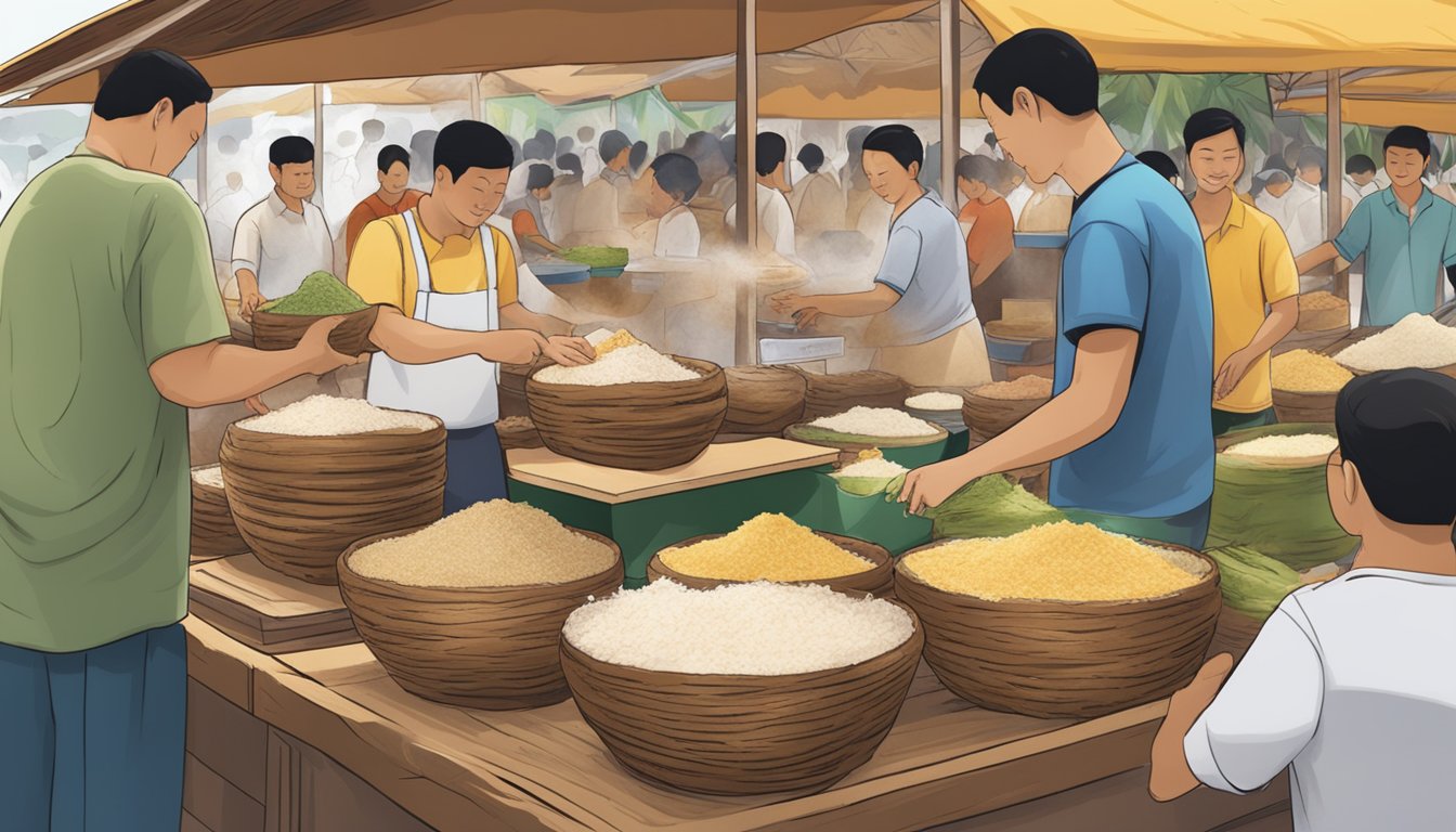 A bustling market stall in Singapore sells kerisik, with piles of freshly grated coconut being pressed into aromatic, golden-brown coconut paste
