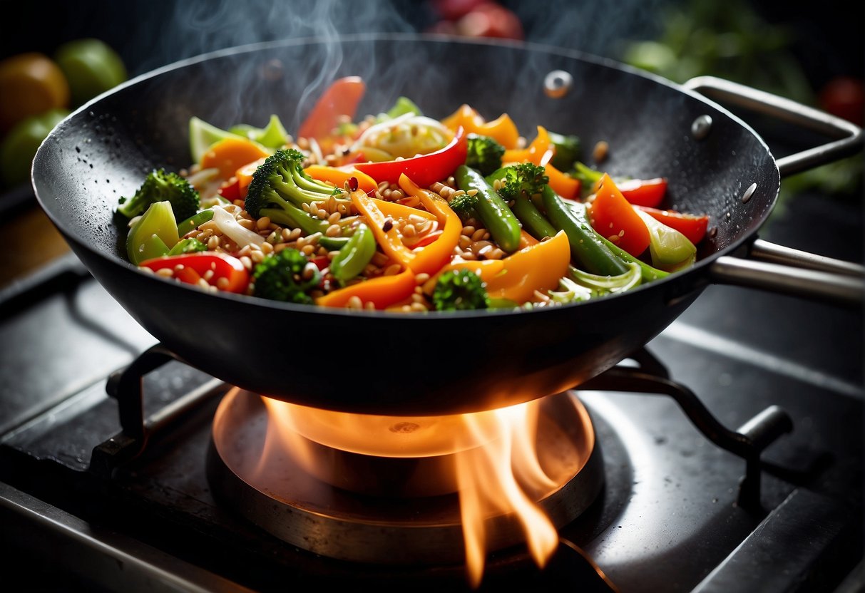 A wok sizzles over a flame, filled with vibrant vegetables and aromatic spices. Steam rises as the chef adds a dash of soy sauce, creating a symphony of flavors