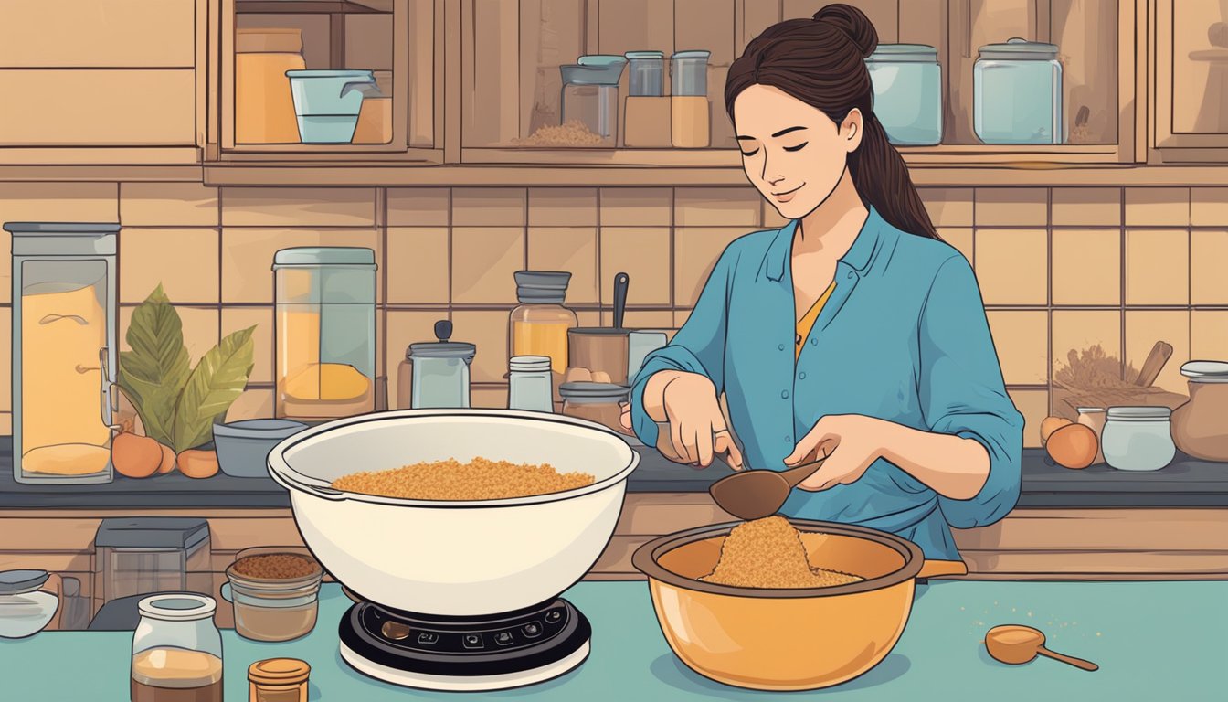A woman is stirring kerisik in a pan over a low heat. The kitchen is filled with the nutty aroma of the toasted coconut. A jar of kerisik sits on the counter next to a mortar and pestle
