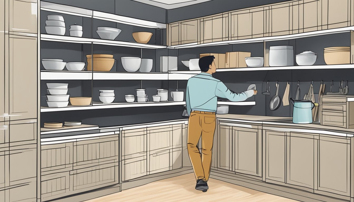 A person examines various kitchen cabinet options in a showroom in Singapore. Cabinets of different styles, colors, and materials are displayed