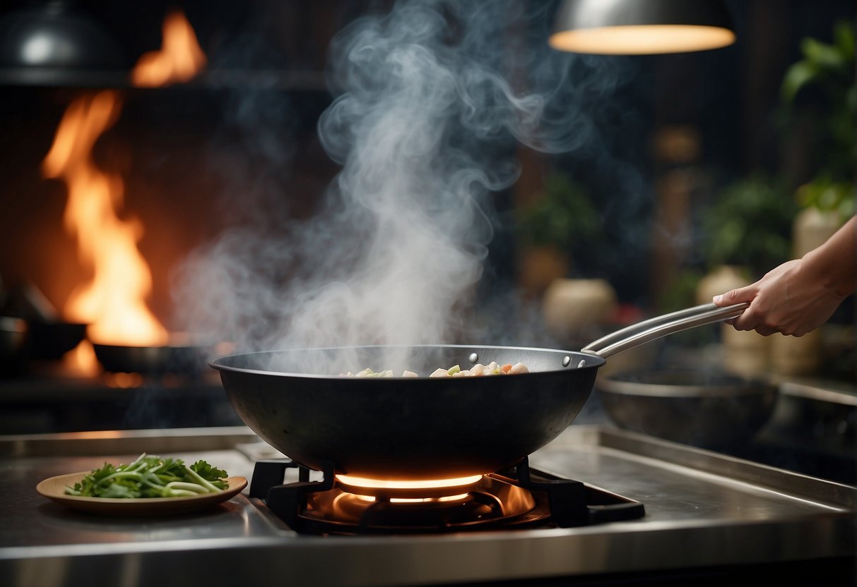 A wok sizzles as Chinese cooking wine is added to a stir-fry. Steam rises and the aroma of ginger and garlic fills the air