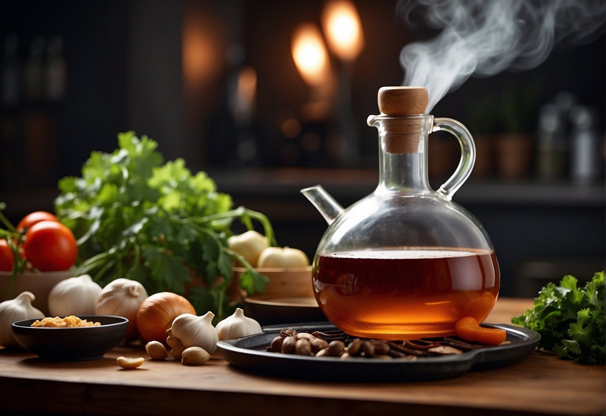 A bottle of Chinese cooking wine sits on a kitchen counter, surrounded by fresh ingredients and cooking utensils. A wisp of steam rises from a sizzling pan as the aroma of the wine fills the air