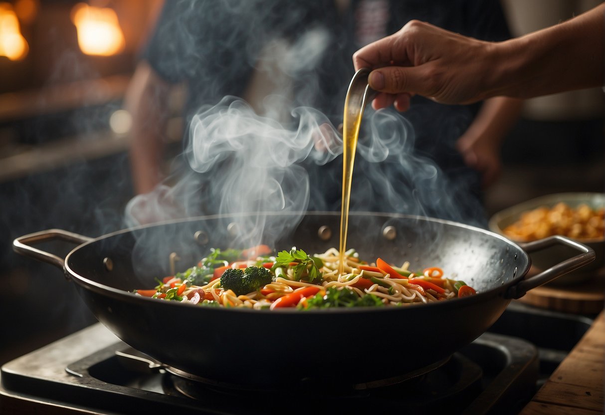 A wok sizzles as Chinese wine is poured in. Steam rises as the ingredients are tossed and sizzled