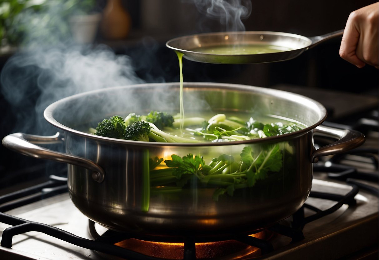 A steaming pot of Chinese cooling soup simmers on a stove, filled with vibrant green vegetables, fragrant herbs, and clear broth