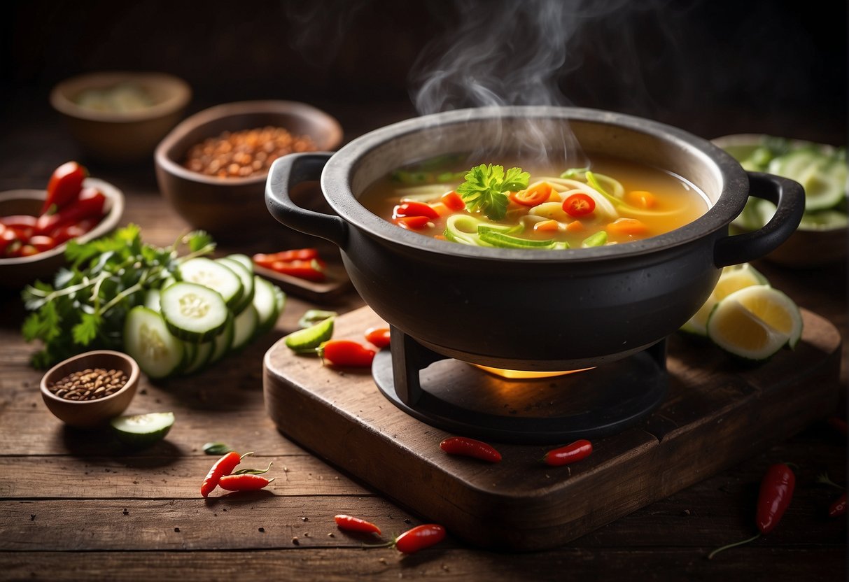 A steaming pot of Chinese cooling soup sits on a rustic wooden table, surrounded by fresh ingredients like goji berries, chrysanthemum flowers, and sliced cucumber