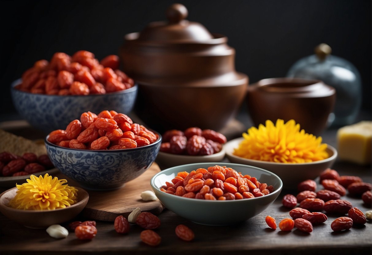 A table with ingredients: goji berries, chrysanthemum flowers, dried red dates, rock sugar, and water. Text: "Key Ingredients and Substitutions chinese cooling soup recipe"