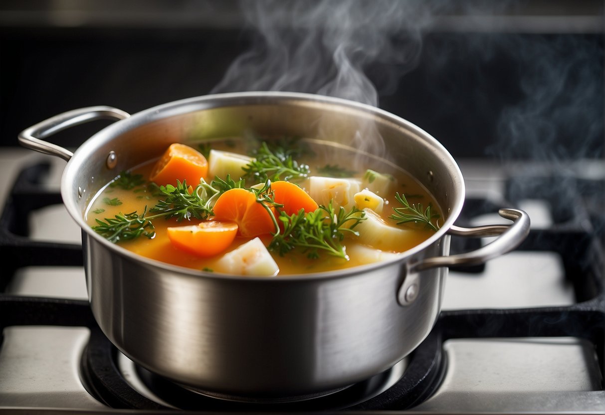 A pot simmers on the stove, filled with clear broth, sliced vegetables, and herbs. Steam rises as the soup cools, creating a refreshing aroma