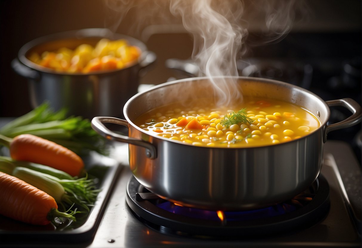 A steaming pot of Chinese corn and carrot soup simmering on a stovetop, with vibrant yellow and orange vegetables floating in a clear, fragrant broth
