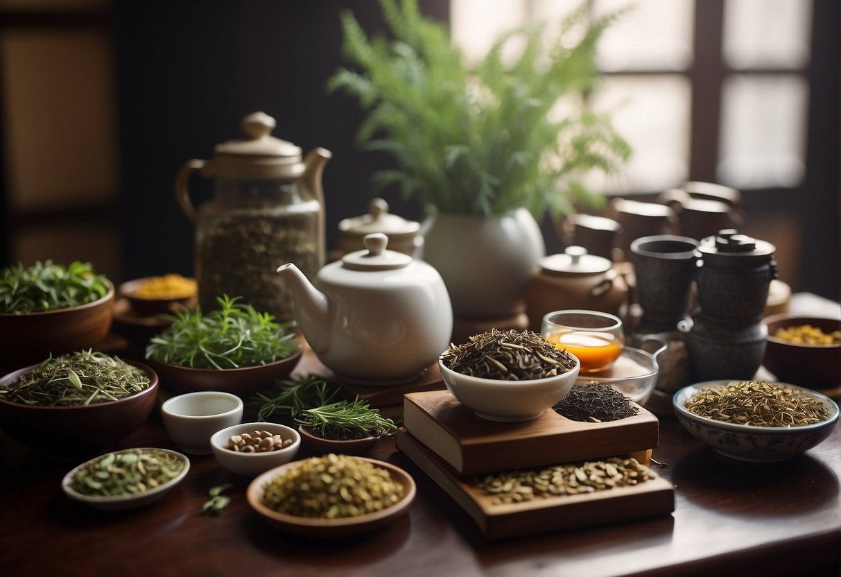 A table adorned with various herbs and tea leaves, a steaming pot of cooling tea, surrounded by traditional Chinese medicine books