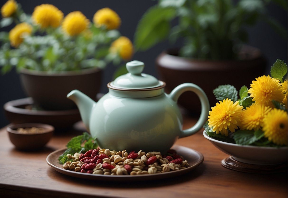 A table with various Chinese cooling tea ingredients: chrysanthemum flowers, goji berries, mint leaves, and a teapot with steaming water
