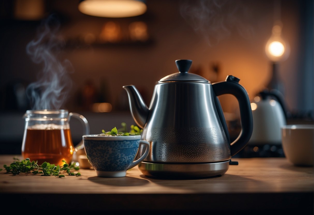 A kettle boils on a stove, steam rising. A teapot sits nearby, filled with tea leaves. A pitcher of hot water and a bowl of ice await