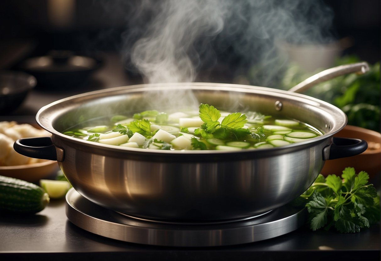 A pot of Chinese cooling soup simmers on a stove, filled with fresh ingredients like cucumber, mint, and water chestnuts. The steam rises as the soup is being prepared and preserved for serving