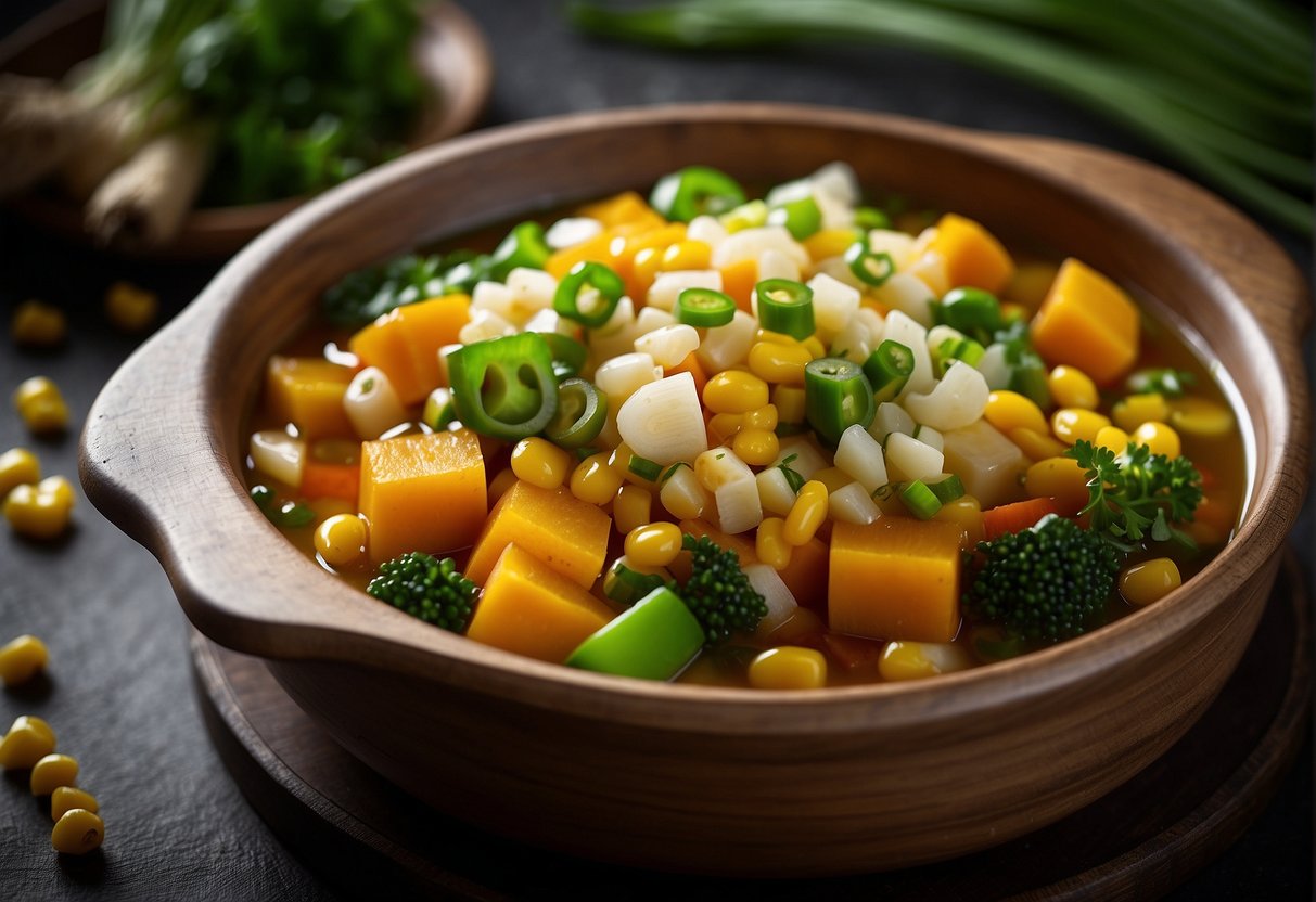 Chop vegetables, simmer in broth, add corn, and season with soy sauce and ginger. Garnish with green onions
