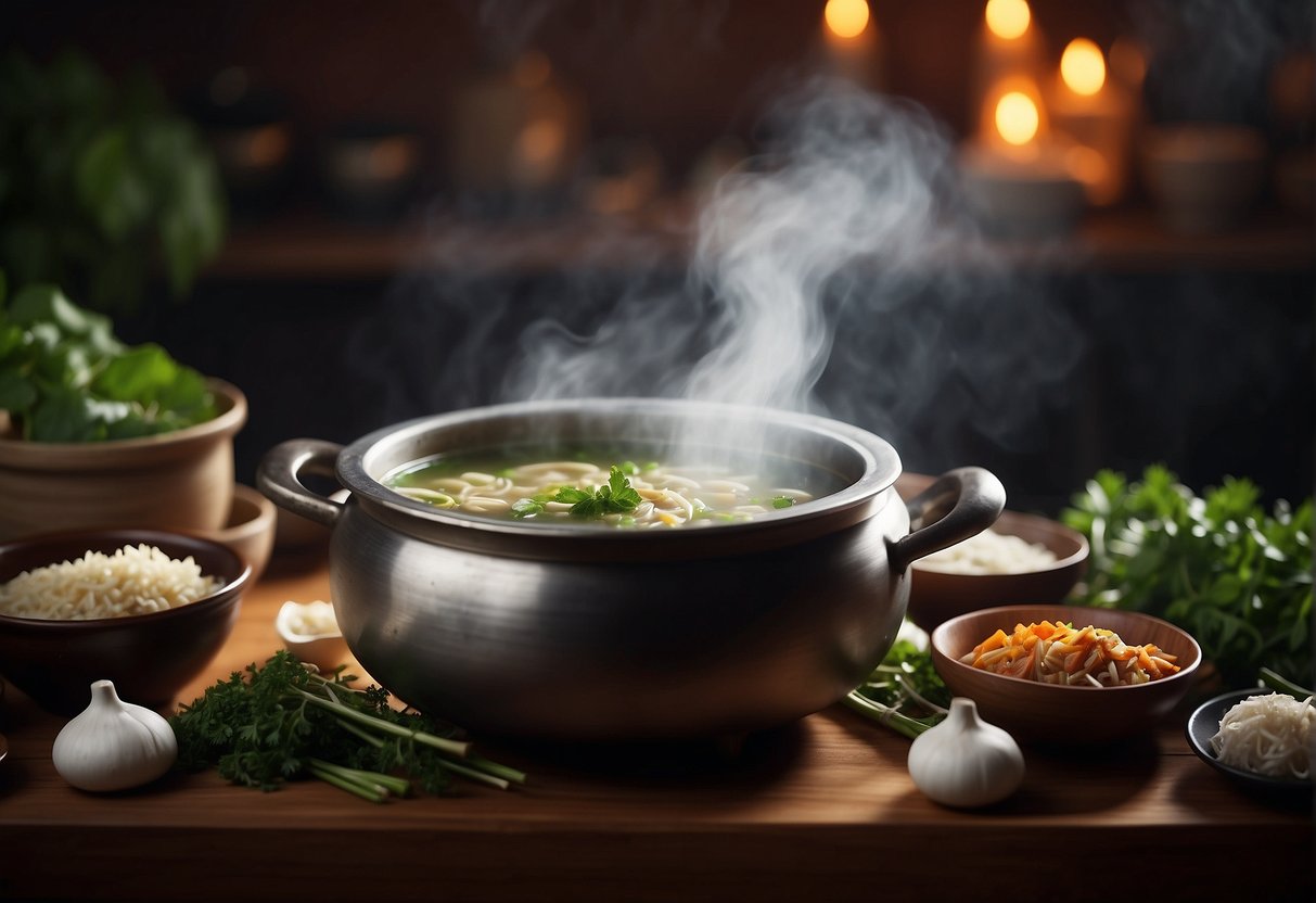 A steaming pot of Chinese cooling soup surrounded by traditional herbs and ingredients