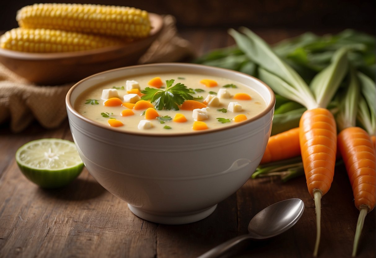 A steaming bowl of Chinese corn and carrot soup with a spoon beside it, surrounded by fresh corn cobs and vibrant orange carrots
