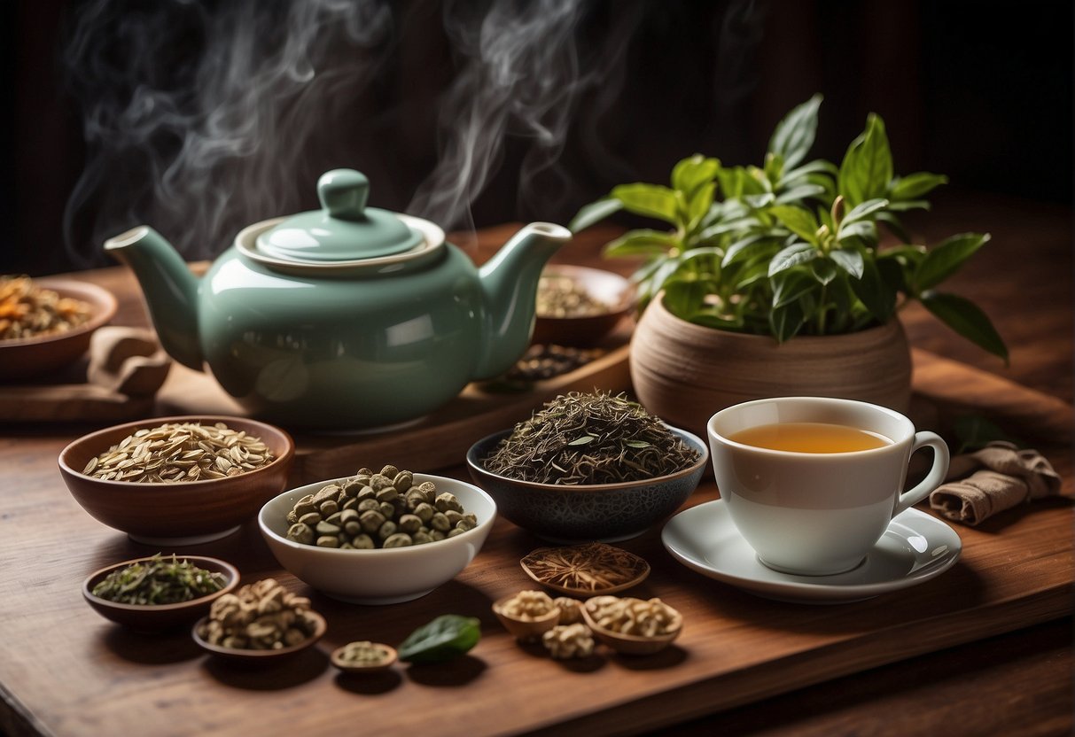 A table with various Chinese herbs, a teapot, and cups. Steam rises from the teapot as the tea brews. A book titled "Frequently Asked Questions Chinese Cooling Tea Recipes" is open beside the tea set