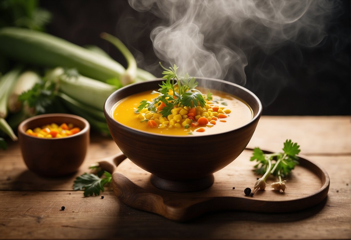 A steaming bowl of Chinese corn and carrot soup sits on a wooden table, garnished with fresh herbs and a sprinkle of black pepper