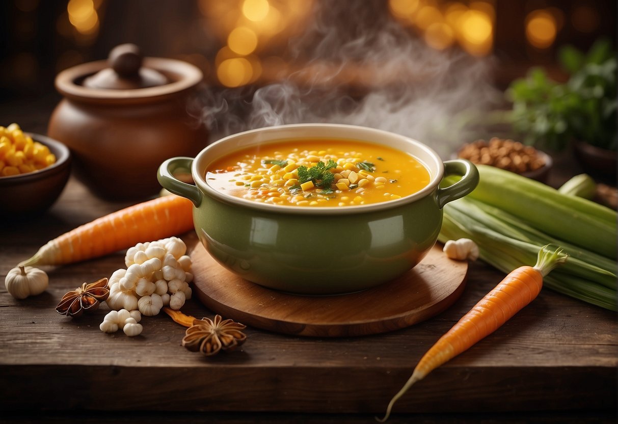 A steaming pot of Chinese corn and carrot soup sits on a wooden table, surrounded by traditional Chinese herbs and spices