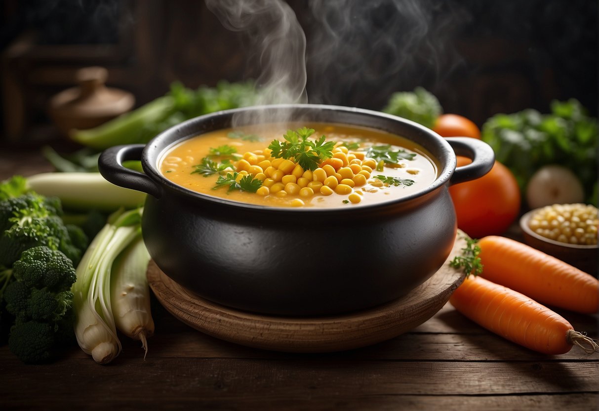 A steaming pot of Chinese corn and carrot soup surrounded by fresh vegetables and aromatic herbs on a rustic wooden table
