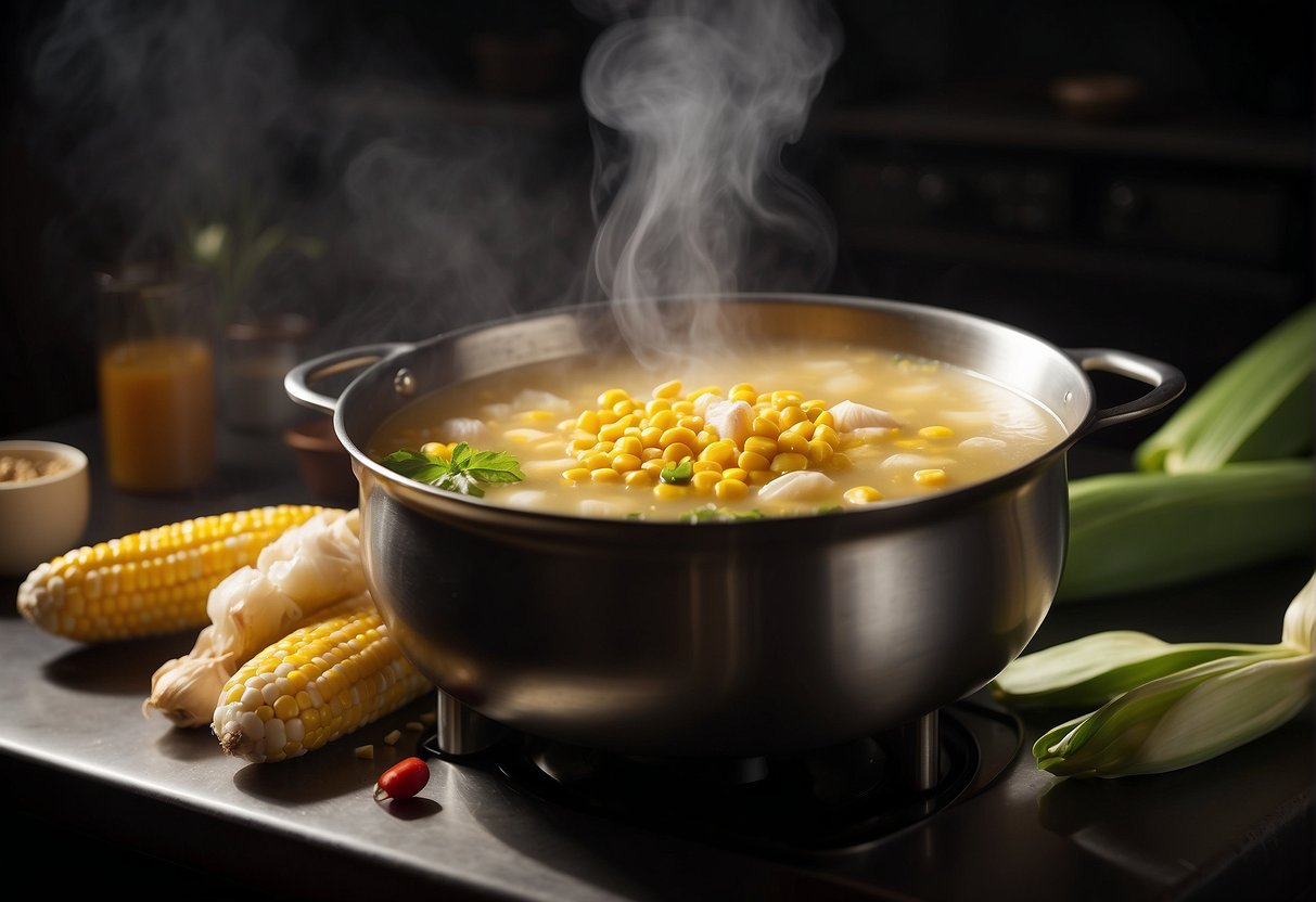 A steaming pot of Chinese corn soup simmers on a stovetop, with fresh corn, chicken broth, and aromatic spices