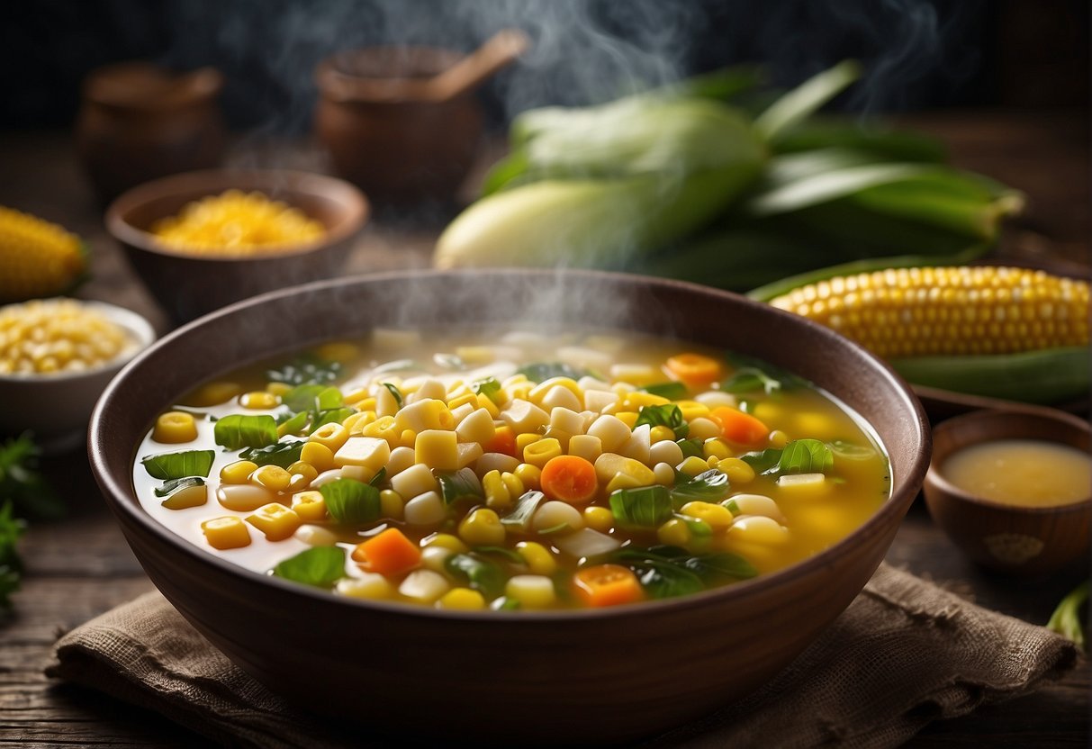 A steaming pot of Chinese corn soup surrounded by fresh corn, diced vegetables, and a fragrant broth