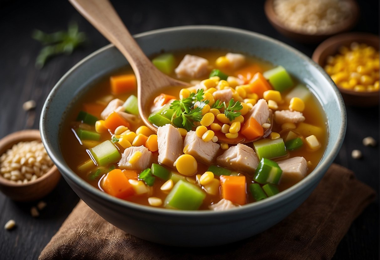 A pot simmering with chicken broth, corn kernels, and diced vegetables. A spoon stirs in soy sauce and sesame oil