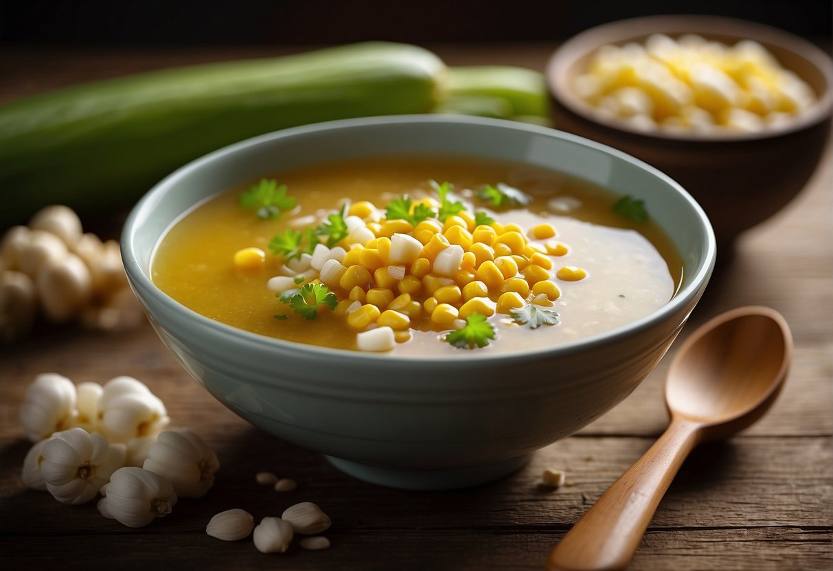 A steaming bowl of Chinese corn soup sits on a rustic wooden table, garnished with fresh scallions and a sprinkle of ground white pepper. A spoon rests on the side, ready to be used