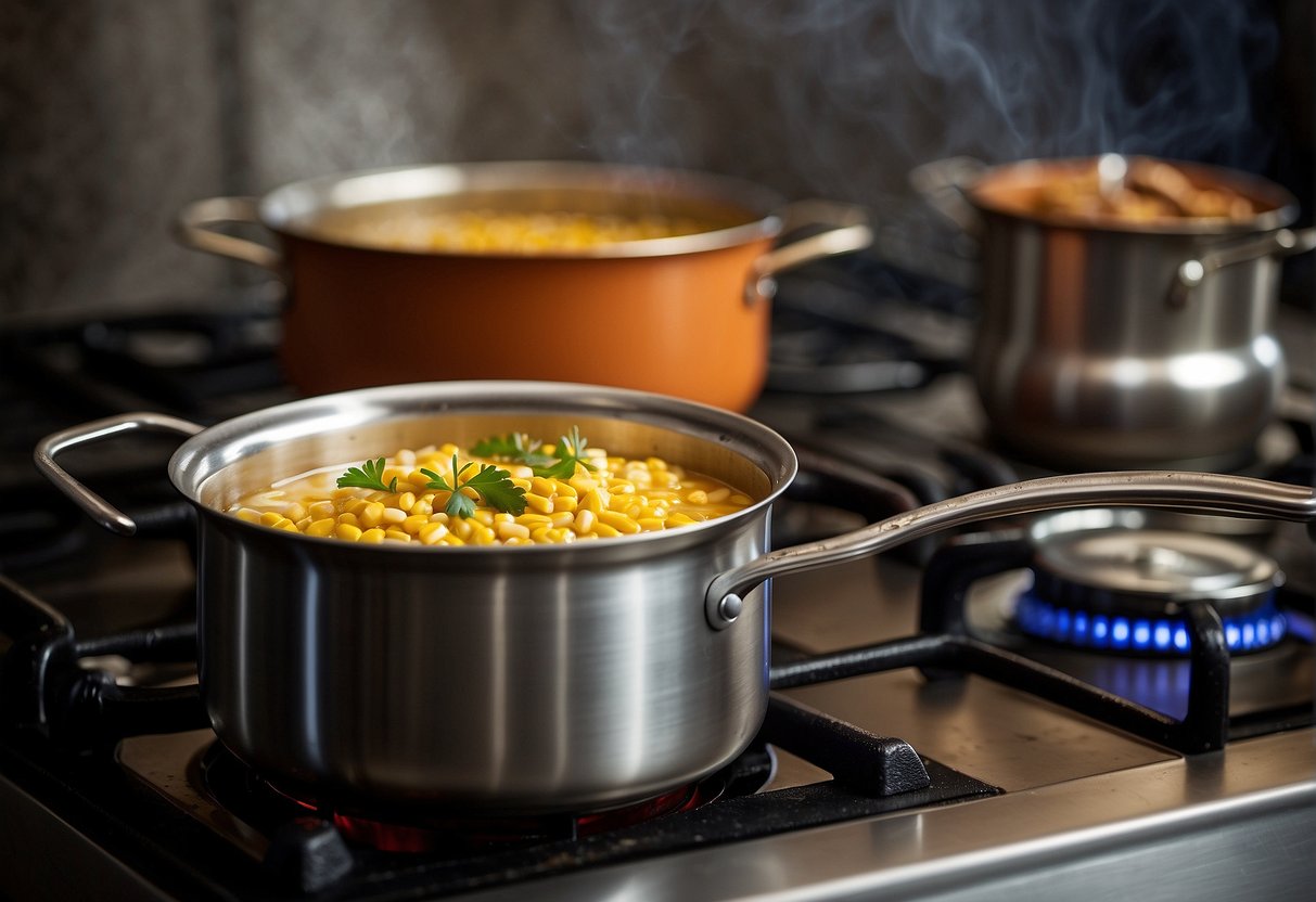 A pot simmers on a stove. Corn, broth, and seasonings are added. Steam rises as the soup cooks