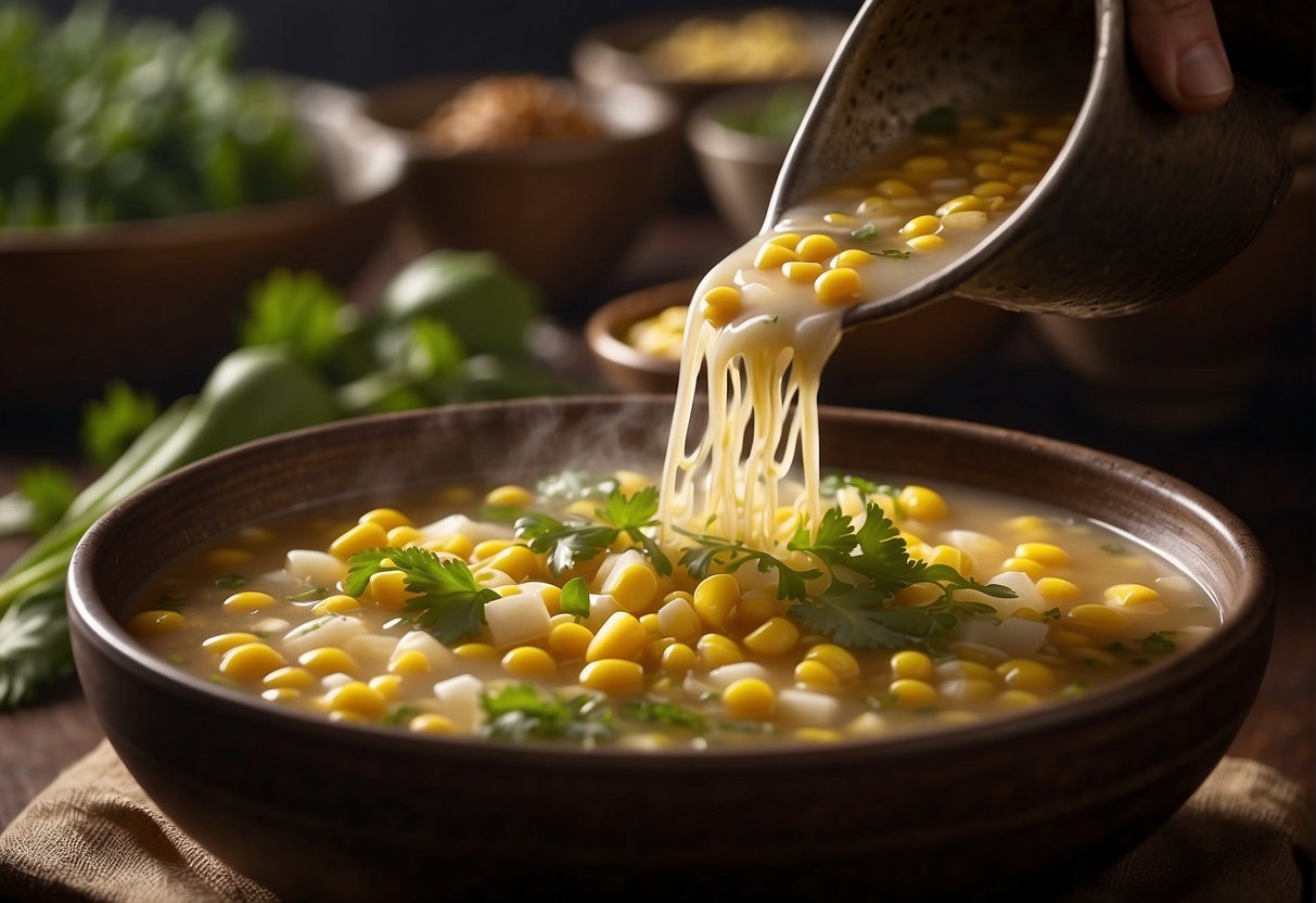 A steaming pot of Chinese corn soup is being poured into individual bowls, with extra garnishes of scallions and cilantro nearby for added flavor