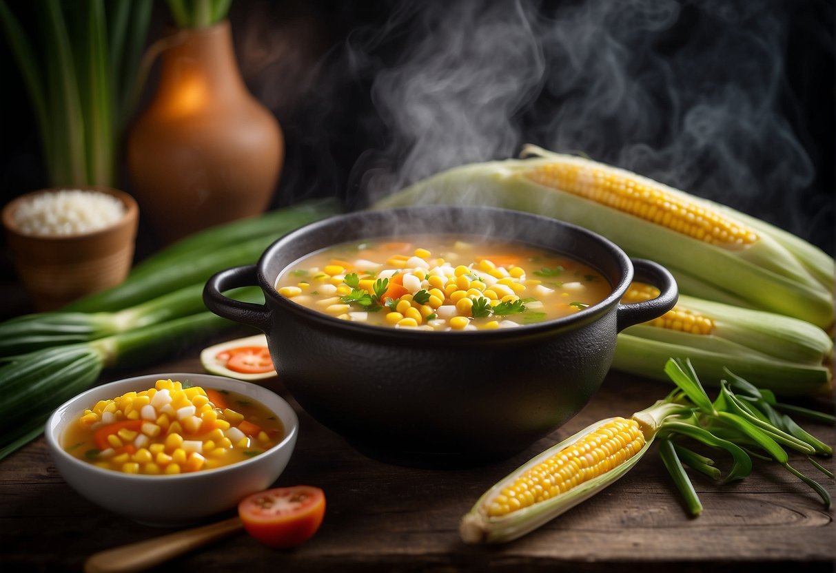 A steaming pot of Chinese corn soup surrounded by fresh corn, carrots, and scallions. A bowl of soup with a spoon on the side