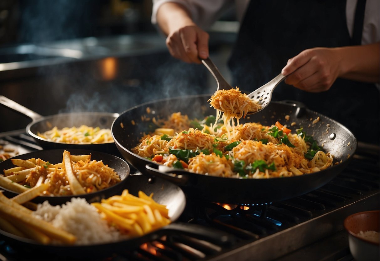 A wok sizzles with crab, ginger, and scallions. Eggs and breadcrumbs bind the mixture. A chef shapes patties and fries them to golden perfection