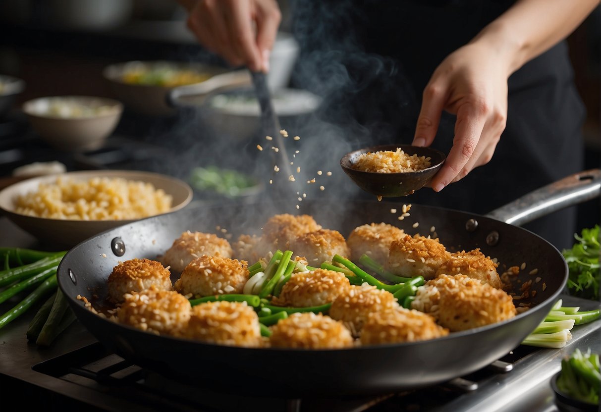 A wok sizzles with crab, ginger, and scallions. A hand mixes in egg and soy sauce. Breadcrumbs coat the patties before frying