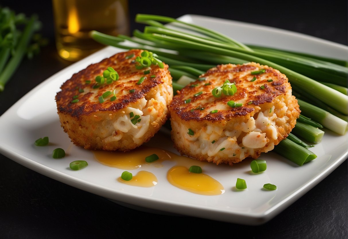 Ingredients mixed, crab cakes formed, sizzling in hot oil, golden brown. Green onions garnish