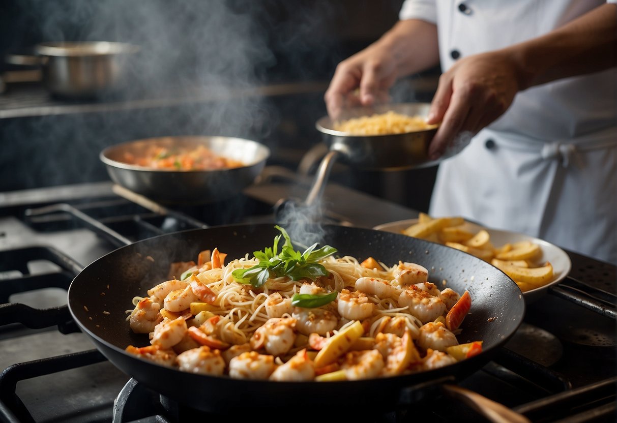 A wok sizzles with crab meat, ginger, and spices. A chef shapes patties and fries them until golden brown