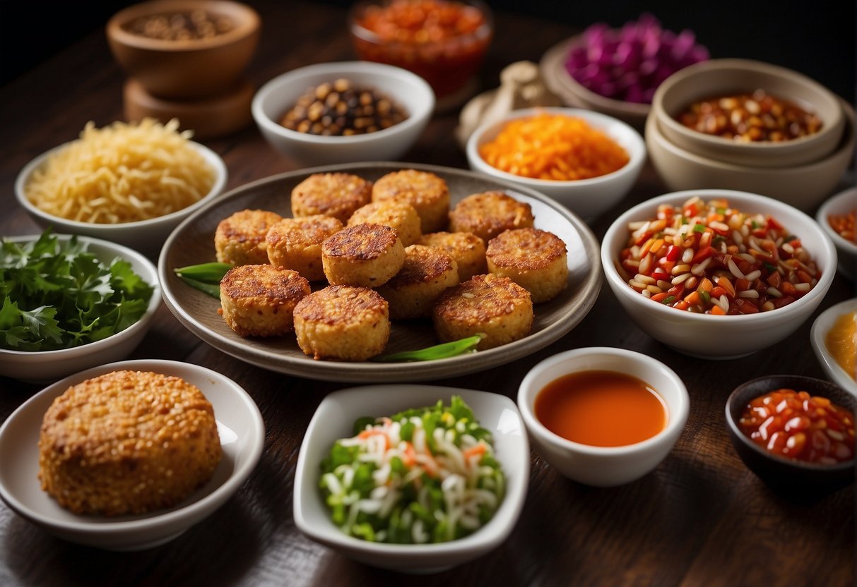 A table set with a variety of small bowls filled with colorful and aromatic Chinese sauces and accompaniments, surrounding a golden brown crab cake