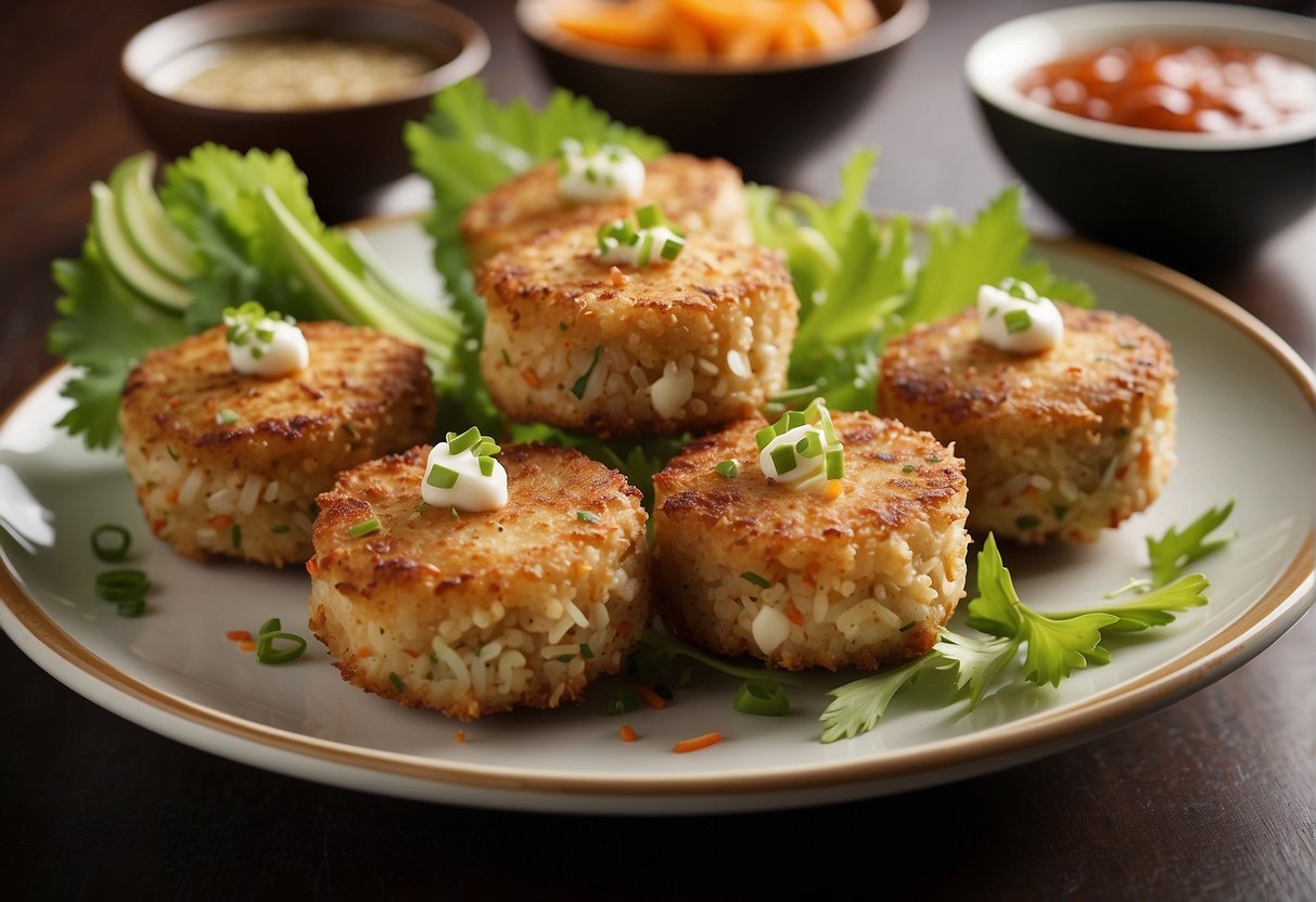 A plate of Chinese crab cakes surrounded by garnishes and dipping sauce